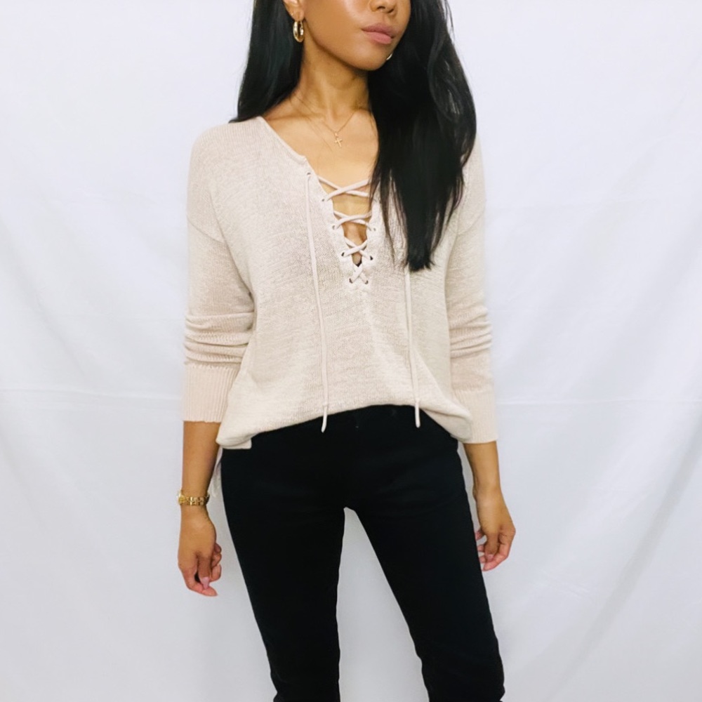 Loft | Beige Knit Long Sleeve Sweater V-Neck Lace Up Top
